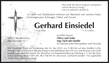Traueranzeige von Gerhard Einsiedel von Pegnitz-Zeitung